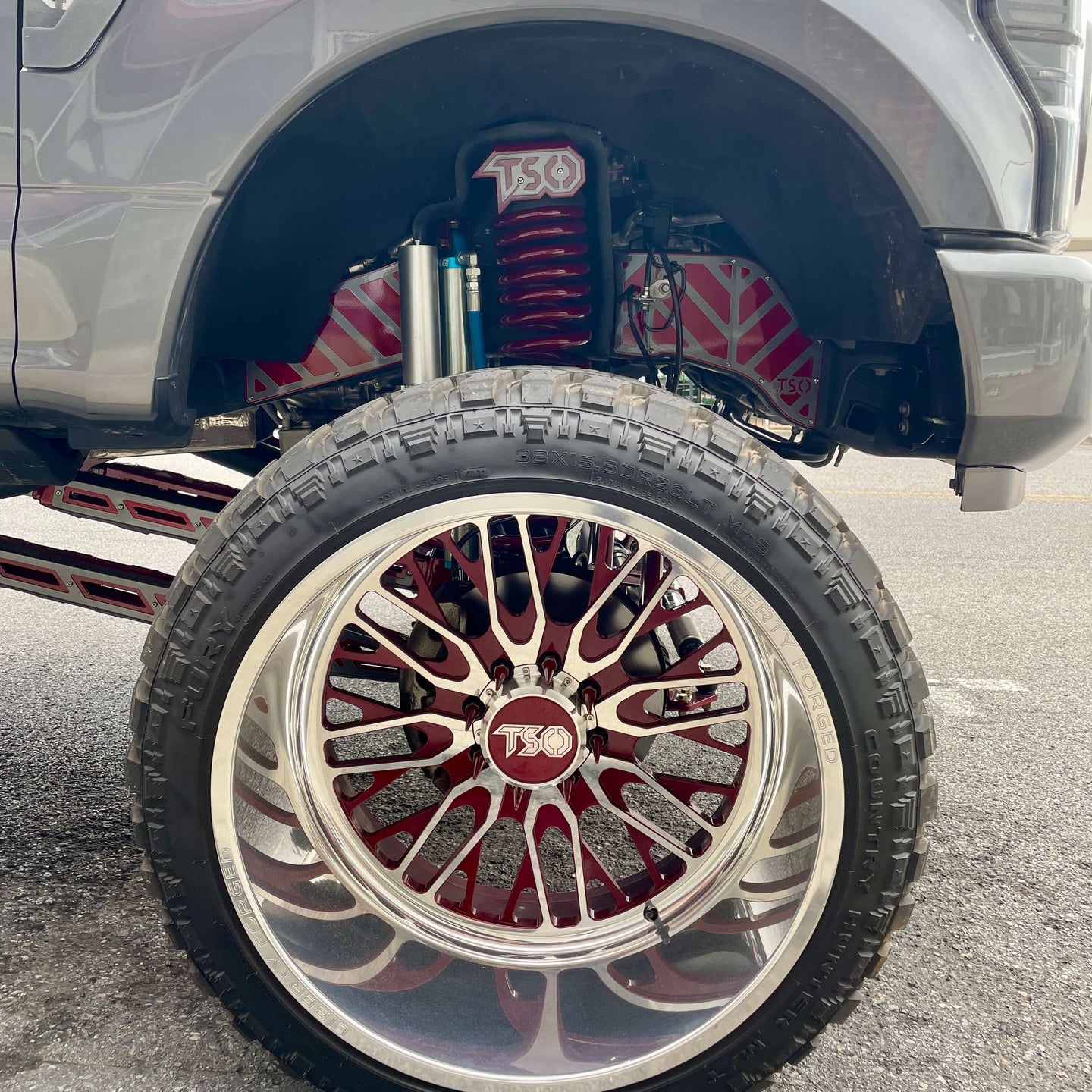 2022 Ford F-250 with Liberty Forged wheels, TSO Frame overlays and TSO exhaust Tip on a TSO lift kit